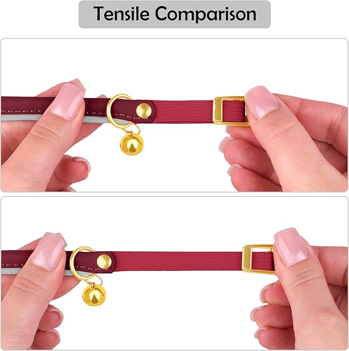 OOPSDOGGY Rolled Leather Cat Collar with Bell - Reflective Kitten Collar with Safety Elastic Strap - Adjustable Small Pet Collars for Boy Girl Cats (Burgundy)