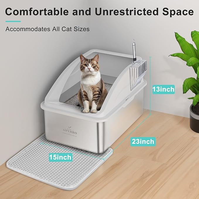 Stainless Steel Litter Box | XXL Deepened 8" Design Enclosed Box with Lid for Big Cats | High Sided, Anti-Urine Leakage | Non-Stick Bottom & Includes Litter Mat & Metal Scoop