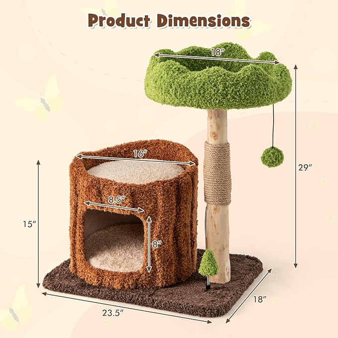 Tangkula Solid Wood Cat Tree, Natural Branch Cute Kitten Tower with Jute Scratching Post & Mat, Tree Hole Condo, Bed, Perch, Dangling & Spring Balls, Small Cat Climbing Stand for Indoor Cats & Kittens