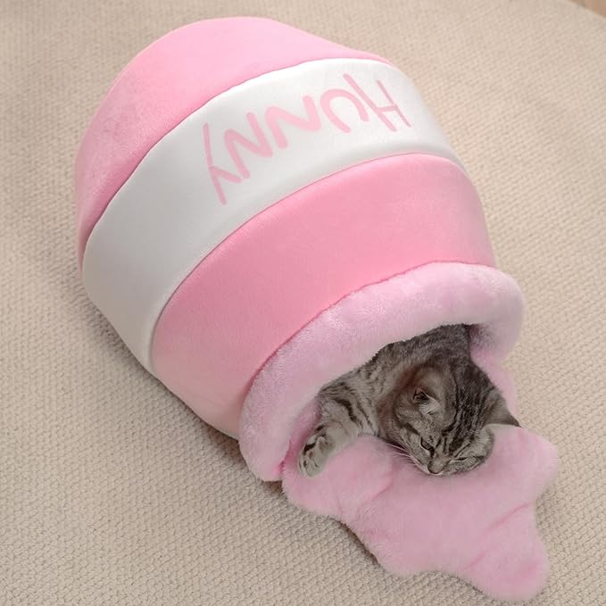 Honey Pot Cat Cave Bed, Soft and Thick Rebound Sponge Pet Nest with Removable & Washable Cushion, Cute Cartoon Design for Small Cats and Breeds - Pink