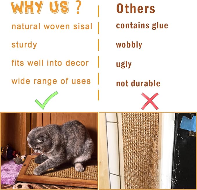 Cat Scratching Post - 2 PCS, Wooden Sisal Cats Wall Scratcher, Floor or Wall Mounted Vertical Cat Scratch Pad for Indoor Cats Adults or Kittens, Cat Wall Furniture Protector
