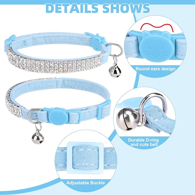 EXPAWLORER Soft Velvet Safe Cat Collars for Girl Cats - Rhinestones Bling Diamante Adjustable Collars Breakaway- Chirstmas Cat Clollar Gifts with Bells for Boy Cats Kitty and Small Dogs