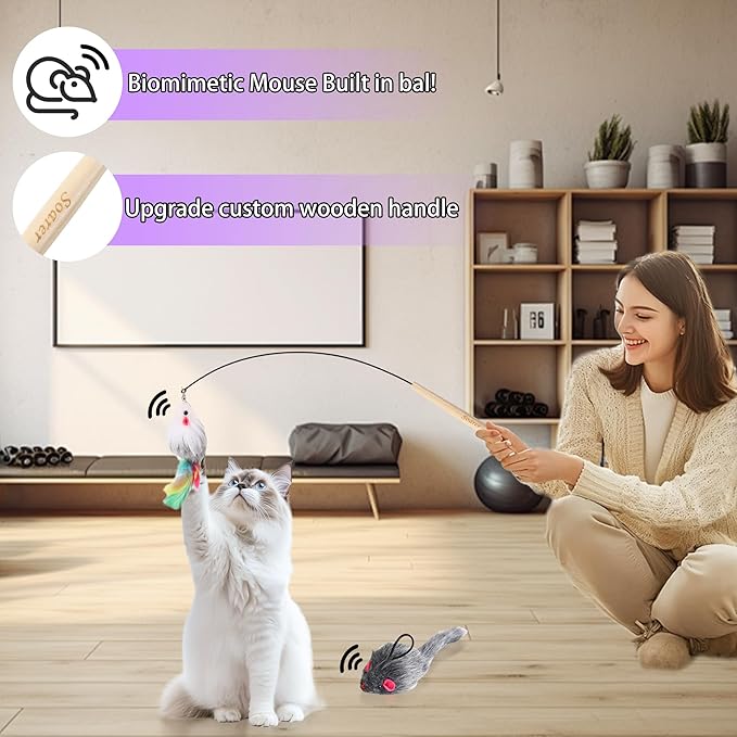 Soarer 3-in-1 Flying Bird Cat Toys - 7Pcs Wooden Cats Wand Toy Fishing Pole Cat Bird Toys Replacements,Interactive Enhanced Suction Cup and Door Hanging Cat String Toys for Indoor Kitten