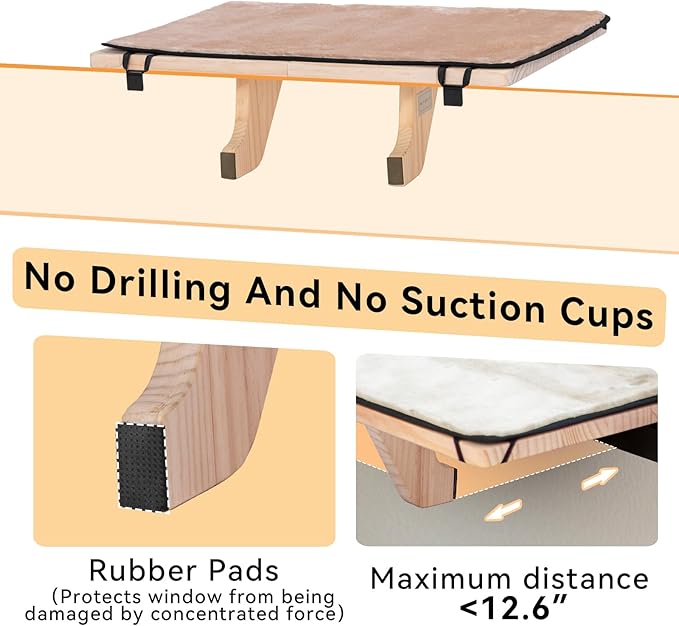PETSFIT Cat Window Perch for 2 Cats, Adjustable Cat Hammock with Removable Fleece Mat, Natural Solid Wood Design, Easy to Assemble Window Perch for Large Cats, Fits Windowsill, Bedside & Drawer