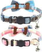 Joytale Upgraded Cat Collar with Bells, Breakaway Cat Collars with Bow Tie, 2 Pack Girl Boy Safety Plaid Kitten Collars, Haze Blue+Pink