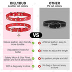 Leather Cat Collars for Boy Girl Cats with Bell and Safety Elastic Belt, Personalized Star and Moon Stud Adjustable Safe Buckle Collar for Kitty Small Big Cats Size 8-12 Inch, Red