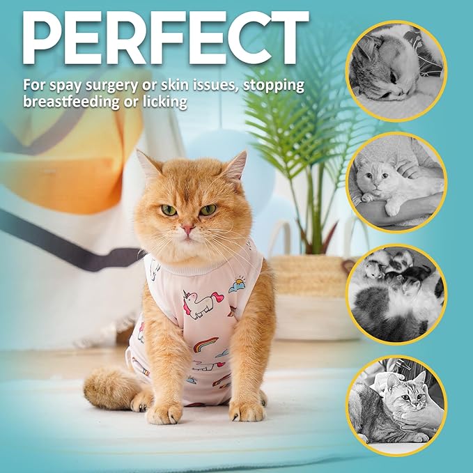 Avont Cat Recovery Suit - Kitten Onesie for Cats After Surgery, Cone of Shame Alternative Surgical Spay Suit for Female Cat, Post-Surgery or Skin Diseases Protection -Rainbow(L)