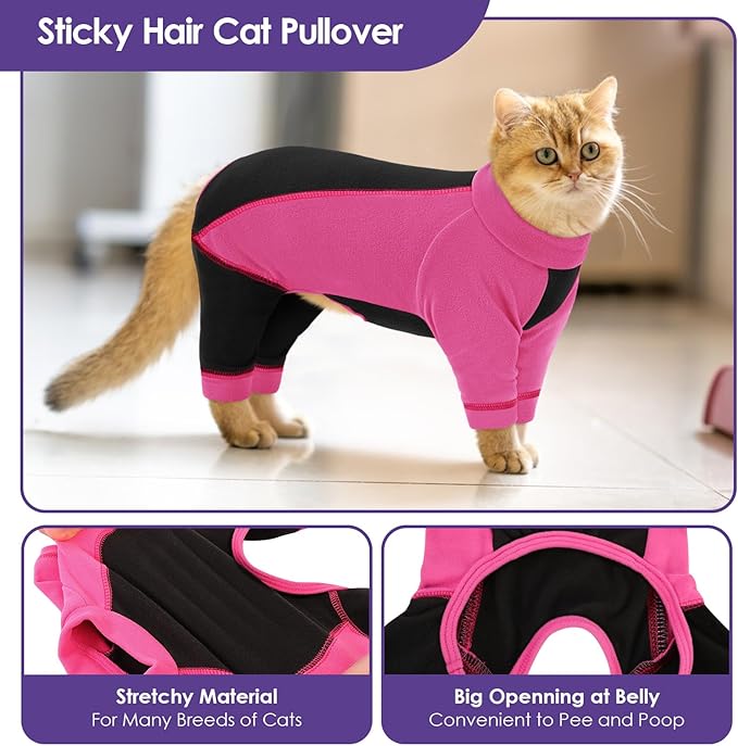 SUNFURA Hair Sticky Cat Clothes, Cat Sweater for Cats Only, 4-Legged Fleece Sweaters Kitten Pajamas Reduce Shedding Fur, Warm Pullover Shirts for Cats, Pink S