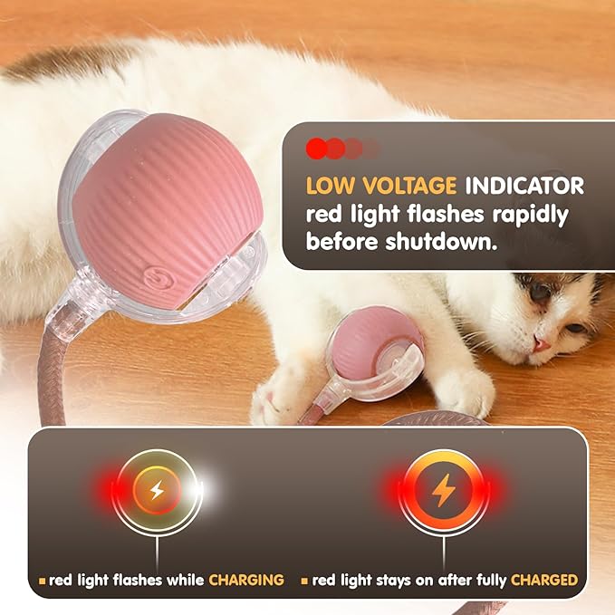 Rocfish Durable Interactive Cat Toys for Indoor Cats, Smart Automatic Cat Chase Ball Toy, Upgraded Speedy Tail Kitten Toy for Bored Indoor Adult Pets (Pink)
