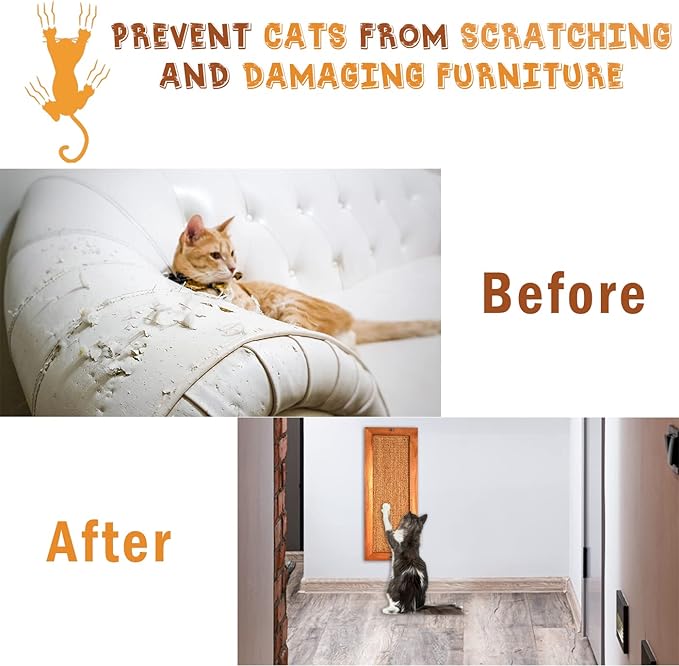 Cat Scratching Post - 2 PCS, Wooden Sisal Cats Wall Scratcher, Floor or Wall Mounted Vertical Cat Scratch Pad for Indoor Cats Adults or Kittens, Cat Wall Furniture Protector
