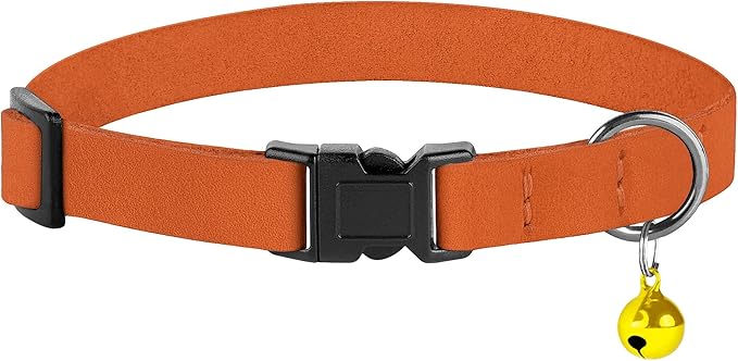 Breakaway Cat Collar Leather with Removable Bell - 13 Colors Available - Soft Adjustable Girl Boy Safety Lightweight Pet Kitten Collars Pink Brown Blue Green Red Orange Black (Orange)