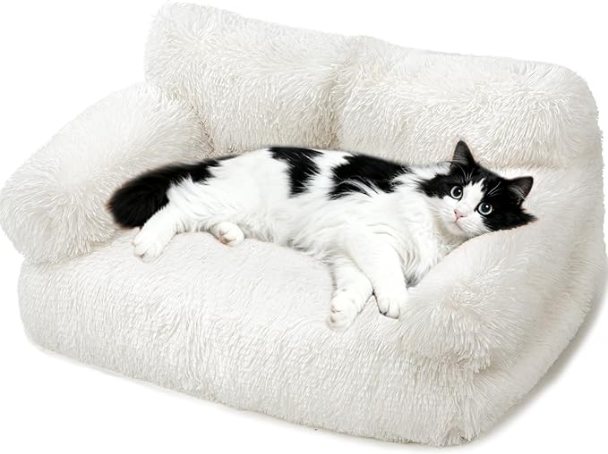Large Cat Beds for Indoor Cats, Dog Couch Bed, Cute Cat Couch Sofas for Less 20lbs Kitten Puppy, Small Dog Sofas & Chairs with Removable Washable Cover, Soft Warm Pet Furniture, Plush White