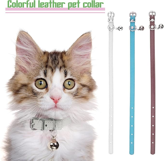Weewooday 6 Pieces Leather Cat Collar with Bell Cute Pet Leather Kitten Collar for Boy Girl Cats with Safety Elastic Strap for Small Kitten Puppy(Fresh Color)