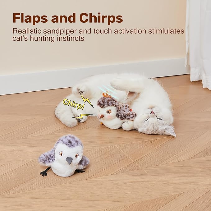 Potaroma Cat Toys 2 Pcs Flapping Sandpiper Pair-Mate, Lifelike Birds Chirp, Chargeable Touch Activated Kitten Fun Interactive Kitty Exercise with Catnip for All Breeds