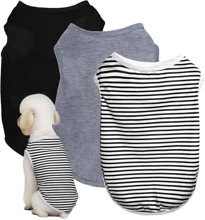 3 Pcs Cat Shirts Solid Color Dog Clothes Summer Sleeveless Stripe Pet T Shirts for Small Pet Dogs Cats (Black, Small)