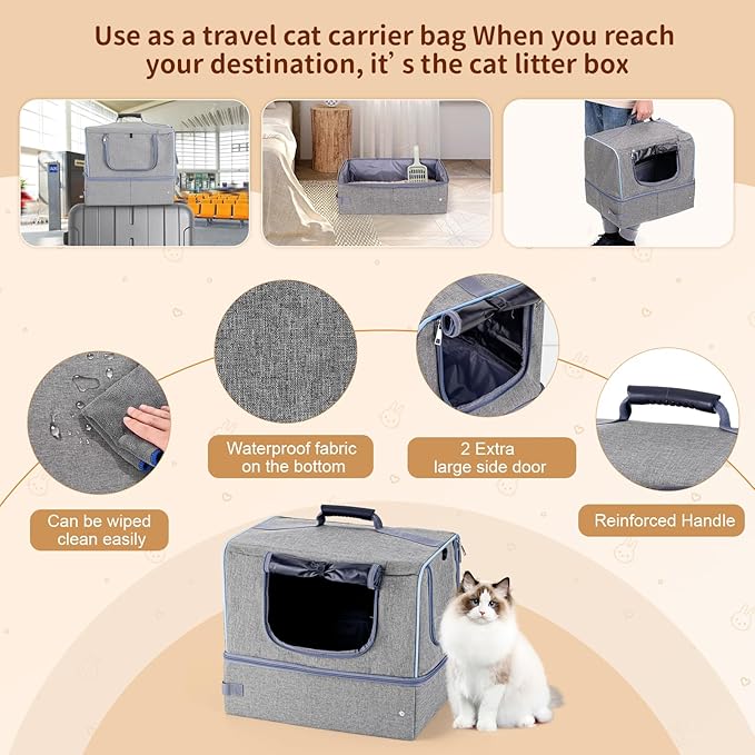 Cat Enclosed Travel Litter Box Kit with Lid Odorless Dustless, Lightweight Cat Portable Foldable Litter Box for Indoor and Car