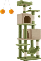 Feandrea Cat Tree, 59.5-Inch Tall Cat Tower, Plush Multi-Level Condo with 5 Scratching Posts, 2 Perches, 2 Caves, Hammock, 2 Pompoms, Grass Green and Camel Brown UPCT192C03