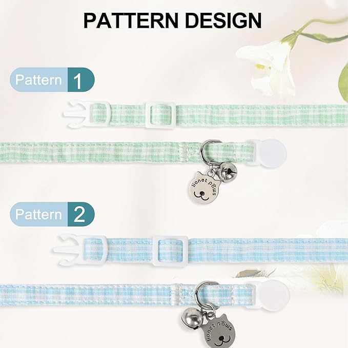 Lionet Paws 2pcs Pack Cotton Cat Collar,Breakaway Buckle with Green Blue Grid and Brand Pendant Cute Adjustable Cat Kitten Collar,Ideal for Girl Cats Boy Cats