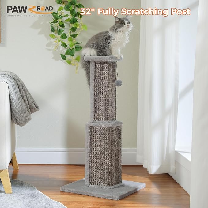 PAWZ Road Large Cat Scratching Post 32” Tall Scratching Post for Indoor Cats Adults Ultimate Scratch Post with Woven Sisal, Large Base and Removable Dangling Ball- Grey