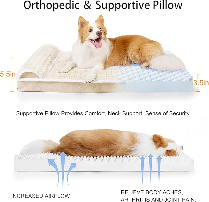 Orthopedic XL Dog Bed Large Sized Dog with Pillow 42''X28'', Waterproof Soft Comfortable Egg Crate Foam Pet Crate Beds Mat with Removable Washable Cover and Non-Slip Bottom, Cream