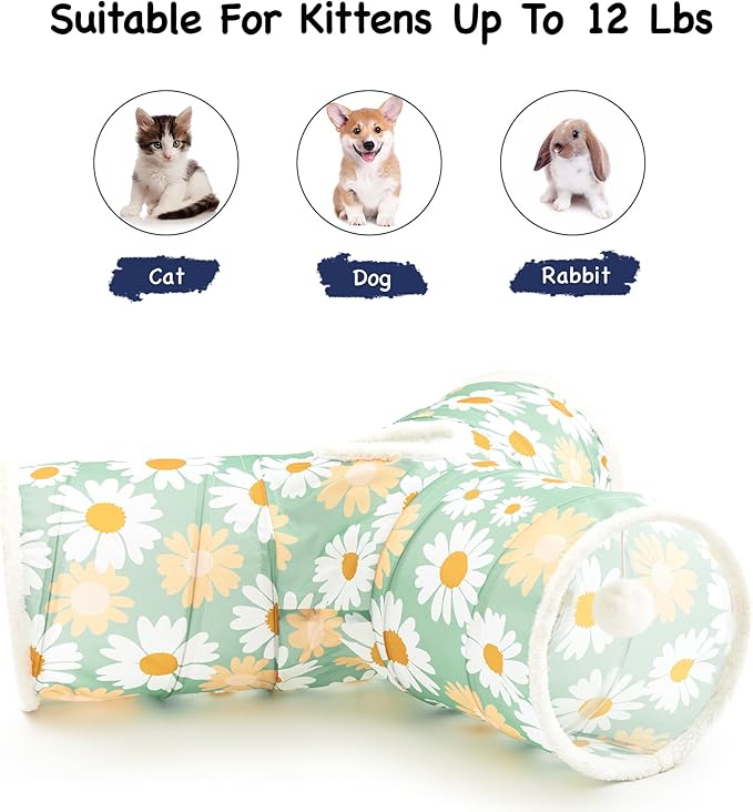 Tempcore Pet Cat Tunnel Tube Cat Toys 3 Way Collapsible, Cat Tunnels for Indoor Cats，Kitty Tunnel Bored Pet Toys Peek Hole Toy Ball Puppy, Kitty, Kitten, Rabbit Daisy Green Printed