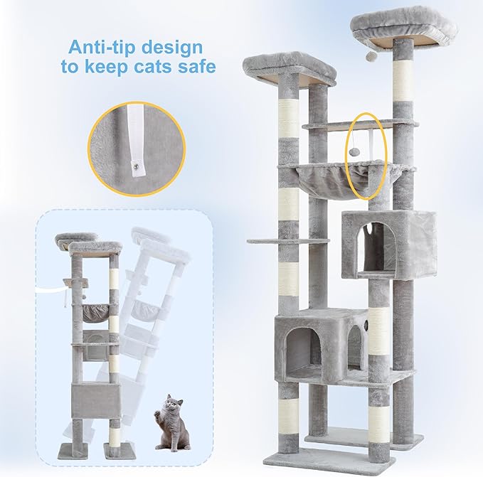 Hey-brother Tall Cat Tree Tower, Heavy Duty Scratching Posts with Large Platforms, Cozy Condos, Big Hammock, Toy Balls, Multi-Level Furniture for Indoor Adult Cats, 80.7 Inches, Light Gray MPJ039W