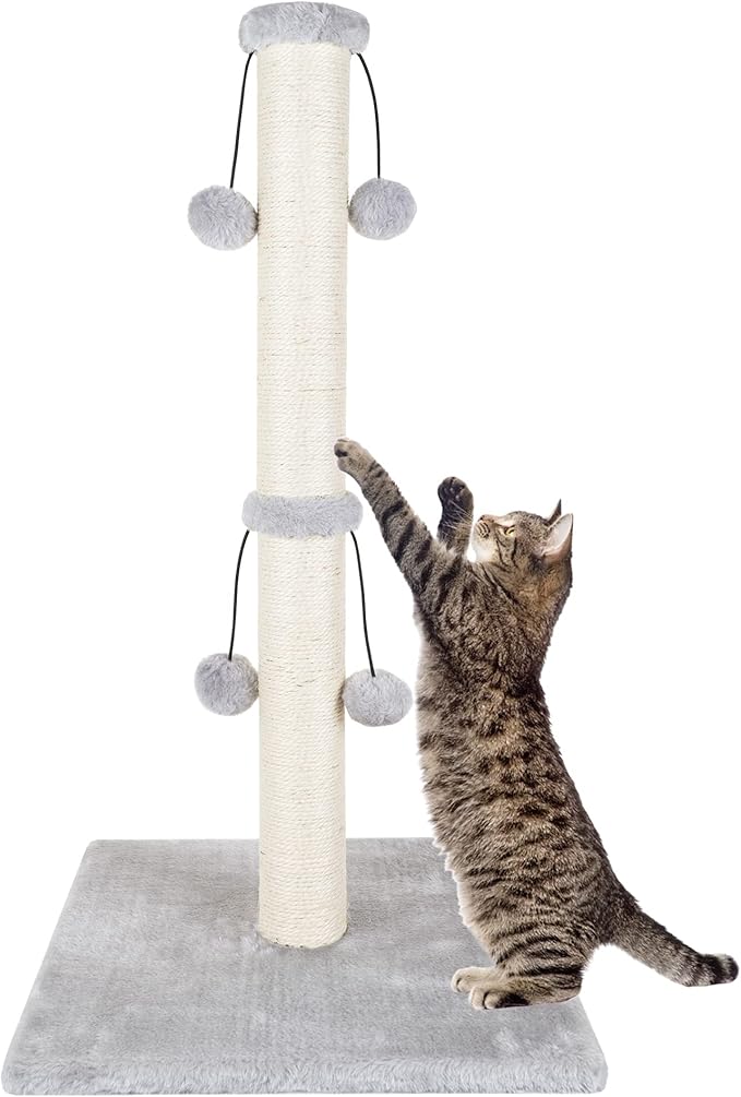 Dimaka 34'' Cat Scratching Post, Cat Scratching Post, Cat Scratcher for Large Cats with Teasing Toy Ball, Natural Sisal White and Grey (Grey)