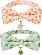 2 Pack Cat Collars, Removable Bowtie, Floral Pattern, Safety Breakaway Clasp, Adjustable for Cats.(Adult Cat,Mint Green and Lt Pink with Floral)