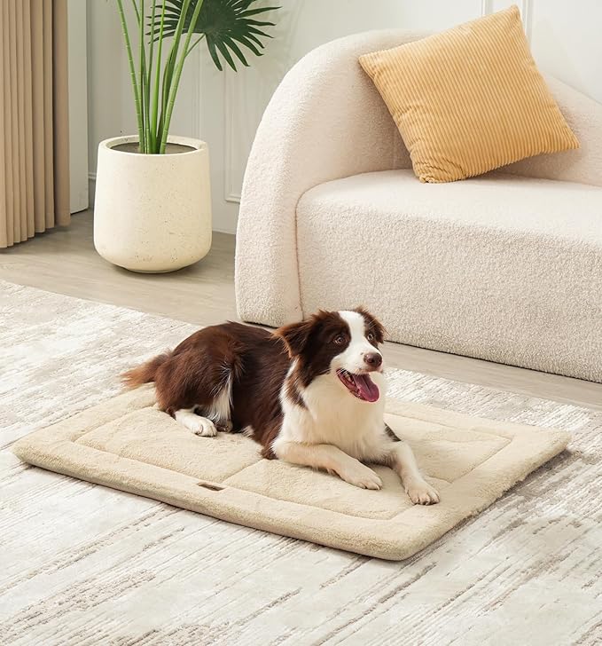 Made4Pets Dog Crate Pad Bed for Large Dogs, Washable & Reversible, Anti-Slip Kennel Mat for Cozy Sleeping, Soft Fluffy Dog Bed for Indoor & Outdoor Use, 36"x27", Beige