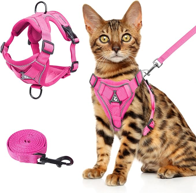 Wanheart Summer cat Chest Harness and Leash, Anti-Escape Adjustable Soft mesh cat Leash and Chest Harness Set for All Types of Cats cat Vests (Rose red, L)