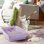7 Pcs Small Cat Kitten Starter Kit Cat Litter Box with Shovel Paw Litter Mat Double Automatic Kitten Bowls Toy Teaser Stick Collar Essentials Kits for 1-3 Lbs Beginner(Simple,Purple)