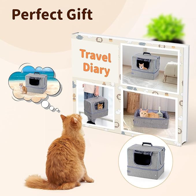 Cat Enclosed Travel Litter Box Kit with Lid Odorless Dustless, Lightweight Cat Portable Foldable Litter Box for Indoor and Car