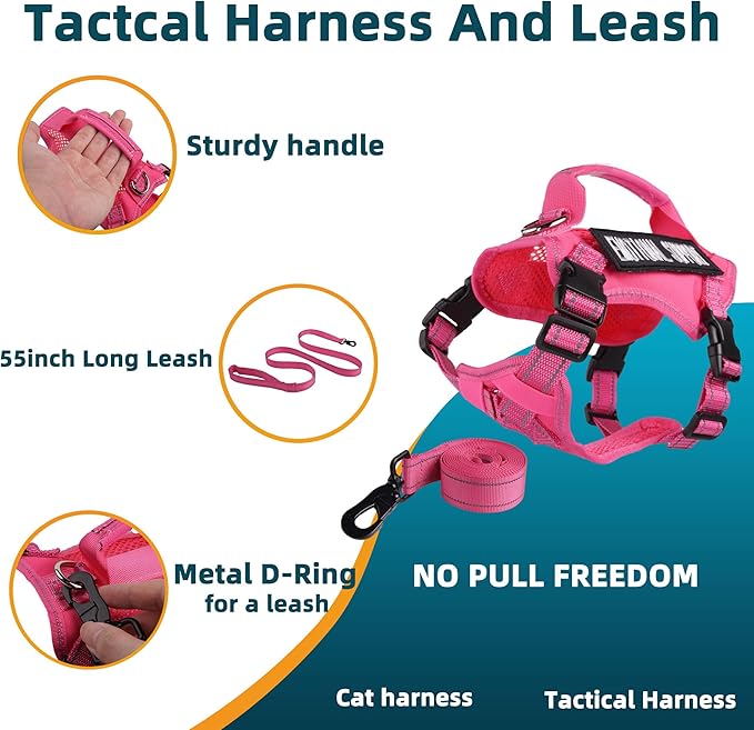 Tactical Cat Harness and Leash Pink for Walking Esacpe Proof, Adjustable Soft Mesh Large Cat Vest with Handle Easy to Control,Molle Patches L
