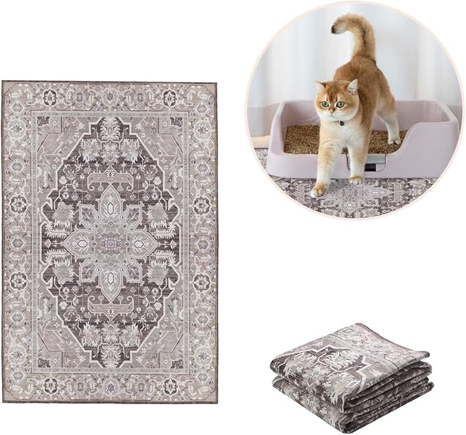 Lovewag Cat Litter Box Mats 2 Pack - Small 16x24 Machine Washable, Easy Clean, Non-Slip, Waterproof Mats for Indoor Cats - Kitty Litter Mess Control & Pet Urine Floor Protection - (Caramel Creme)