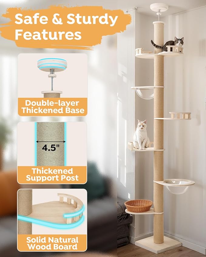 Veehoo Floor to Ceiling Cat Tree Height(106-123 Inch) Adjustable, Sturdy Tall Cat Tree with 4.3" Thickened Scratching Posts, Floor to Ceiling Cat Tower for Indoor Cats
