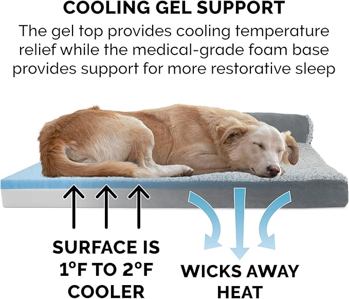 Furhaven Cooling Gel Dog Bed for Medium/Small Dogs w/ Removable Bolsters & Washable Cover, For Dogs Up to 35 lbs - Two-Tone Plush Faux Fur & Suede L Shaped Chaise - Stone Gray, Medium