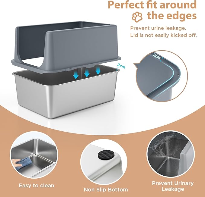 Large Stainless Steel Litter Box with Lid, High Sides, 16" Metal Cat Litter Box, Extra Large Litter Boxes for Big Cats, Tall Cat Litter Pan, Grey, Easy Clean