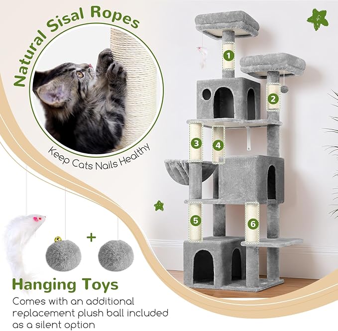 Globlazer Cat Tree Tall, 71 inches Cat Tower for Indoor Adult Cats Multi-Level 3 Condos for Indoor Cats XL Cat Tree Tower with Scratching Posts, Soft Extra Large Hanging Basket, F71, Light Gray