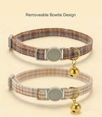 Cotton Bowtie Cat Collar with Bell 2 Pack Plaid Breakaway Kitten Collars with Removeable Bunny Ear Bow(Amber+Beige)