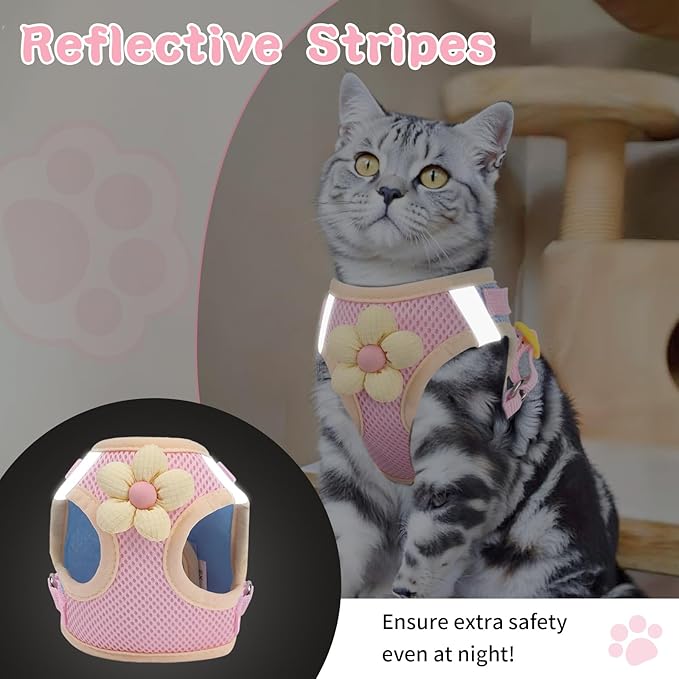 Cat Harness and Leash Set for Walking Escape Proof, Adjustable Kitten Harness Breathable Mesh with Reflective Strips Harness with Flower for Kitty Puppy Bunny Pink M