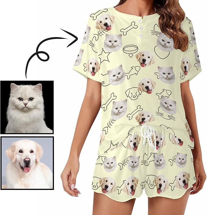 Custom Short Pajamas Set with Face Photo Women‘s Sleepwear Tee Personalized PJ Short Loungewear Set fot Her