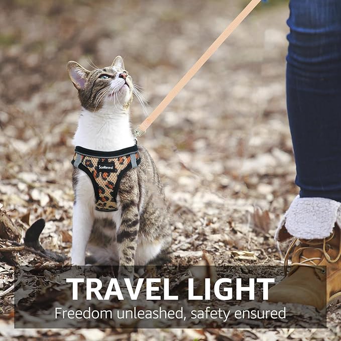 SCENEREAL Cat Harness & Leash Set Escape Proof - Adjustable Air Mesh Vest with Reflective Strips for Kittens, Puppies, Rabbits, Khaki Leopard M