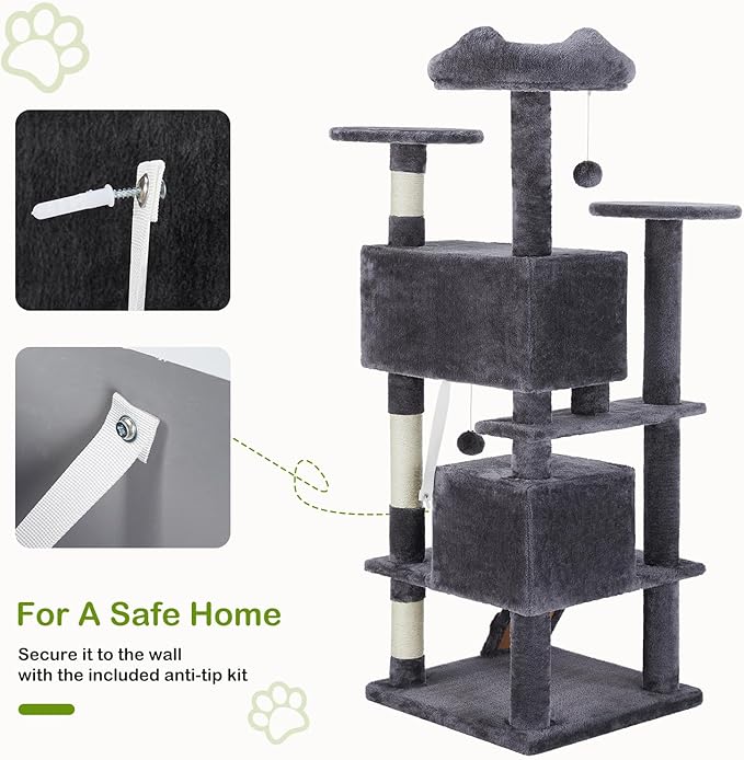 DUMOS 54-inch Indoor Cat Tree Tower –Multi-Level Pet House for Large Cats with 2 Condos, Scratching Posts, Round Platform, Small Ladder, and Toys – Perfect for Cats of All Ages, Dark Grey