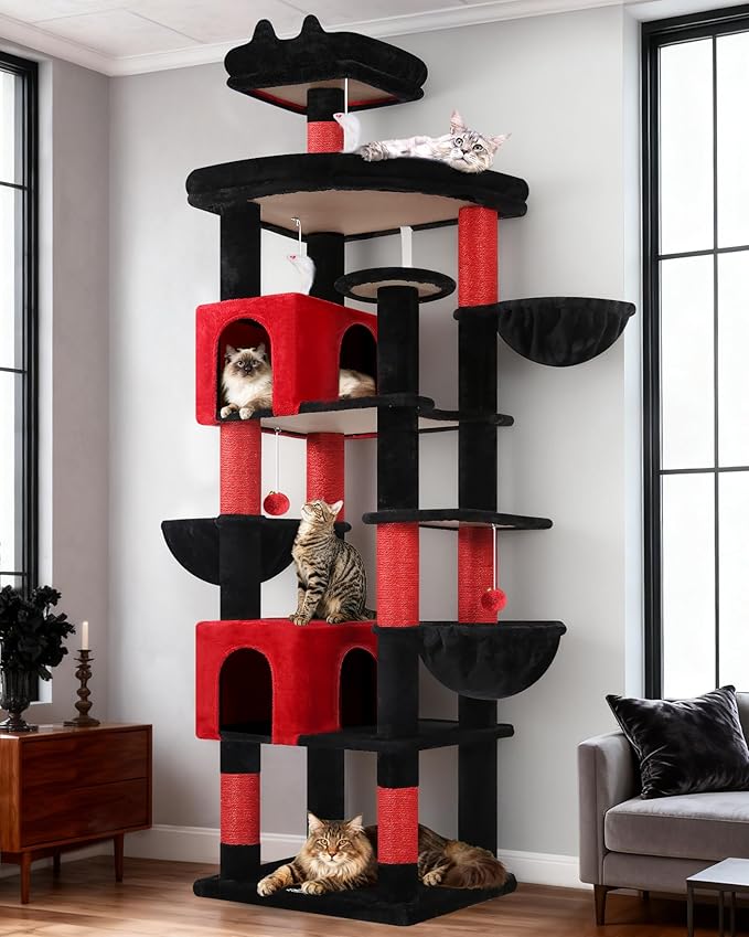 Globlazer Extra Large Gothic Cat Tree Tower, 82in Tall Goth Heavy Duty Cat Tree for Indoor Cats Large Adult Big Cat Tower with 8 Scratching Posts, 2 Condos, 2 Perches, 3 Basket Beds, S82, Red Black