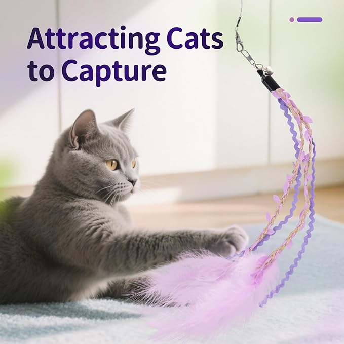 SONGWAY Cat Wand Toys for Indoor Cats - Cat Toy Set with Retractable Teaser Wand and 6 PCS Fairy Feather Toy Refills, Dragonfly Tassel Plush Cat Toys Interactive, Purple