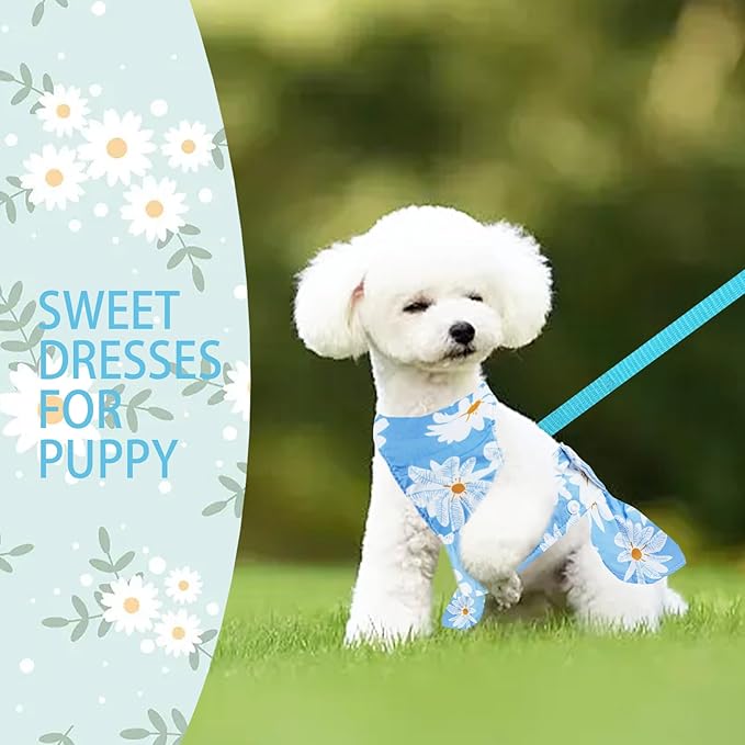 Dog Dress Bowknot Harness Leash Set for Small Girl Dogs Blue Daisy Floral Dog Cat Clothes Cute Puppy Outfits Pet Clothes Spring Summer Breathable Dresses(Large)