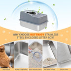 Top Entry Cat Litter Box with Lid, Stainless Steel Enclosed Cat Kitty Litterbox, Top Loading Large Metal High Side Litter Pan Tray Box Enclosure Easy Cleaning Anti-Leakage
