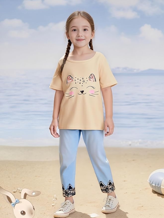 4-8T Toddler Girl Clothes Cat face print Short Sleeve Top+Pants Outfits Girl Spring and summer 2-Piece Set