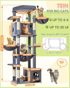 Taoqimiao 72 Inch Cat Tree, XXL Cat Tower for Indoor Cats Large Adult 25Lbs+, Extra-Large Platform, 2 Cat Houses, 7 Scratching Post, Extra-Sized Durable Hammock, Cozy Basket, Smoky Gray, F20G
