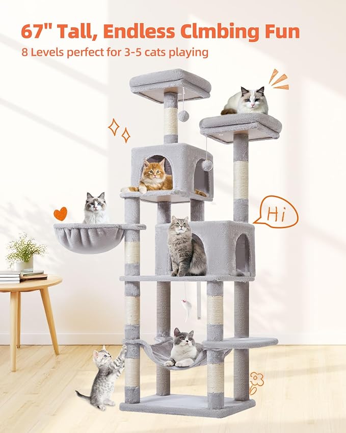 Taoqimiao 66-Inch Cat Tree Cat Tower for Indoor Cats, Plush Multi-Level Cat Condo with 7 Scratching Posts, 2 Perches, 2 Caves, Hammock, 2 Pompoms MS013W Light Gray